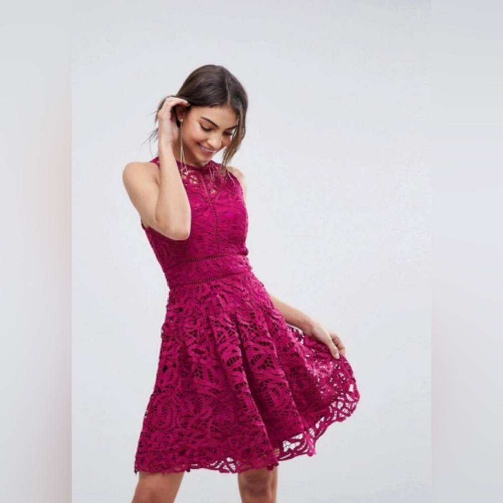 Adelyn Rae Dylan Crochet Lace Fit & Flare Dress Magenta